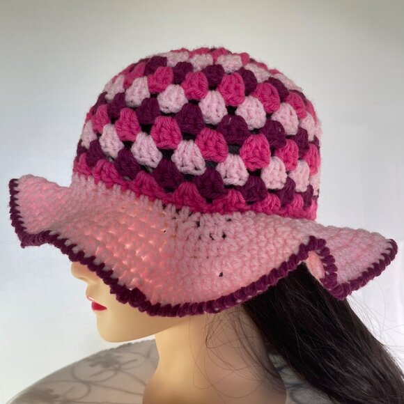 Crochet Bucket Hat Granny Square Pattern Pink Burgundy Adult Size Handmade main image 5
